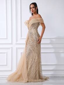 Elegant Golden One-Shoulder Mermaid Evening Gown With Beaded Crystal Organza Floor-Length Skirt, Suitable For Birthday Parties, Dance Parties And Other Formal Occasions - Gold - View 4