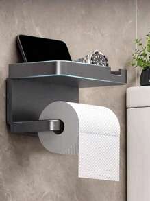 1PC Beautiful, Practical, Easy To Install, No Drilling Required Bathroom Tissue Holder - With Phone Holder, Storage Rack, Toilet Paper Holder, Towel Storage, Bathroom Supplies, Plastic Material Wall Mounted Toilet Paper Roll Holder With Storage Rack, Plastic Bathroom Decoration