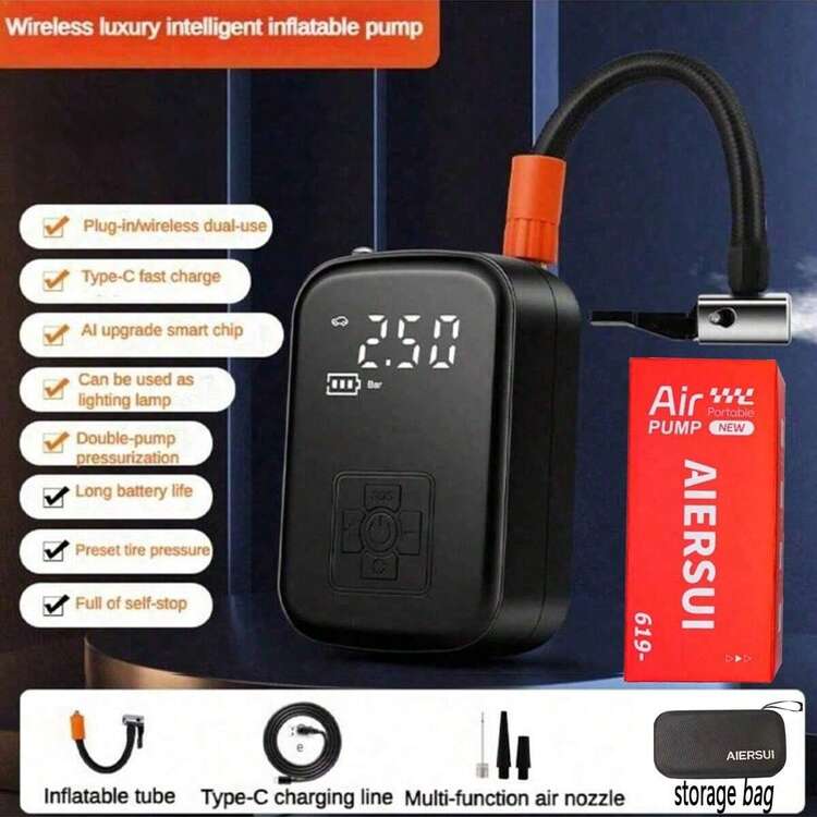 Portable Tire Inflator Air Pump - Car Accessories,Car Air Compressor Model C Doubles As A Power Bank Includes Multiple Inflation Accessories. Mini Tire Pump Suitable For Cars/Motorcycles/Balls/Air Mattresses. 7.4V 2000MAH - Black - View 11