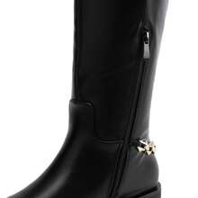 Women's Flat Round Toe Knee High Boots Low Block Heel Side Zipper Boots Fashionable Comfortable Chain Decorated Boots For Fall And Winter - 黑色 - 查看 5