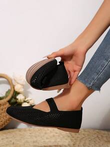2025年秋季女士四季针织玛丽珍平底鞋，纯色一脚蹬圆头鞋，织物鞋面和衬里，橡胶鞋底，可机洗 - 黑色 - 查看 3