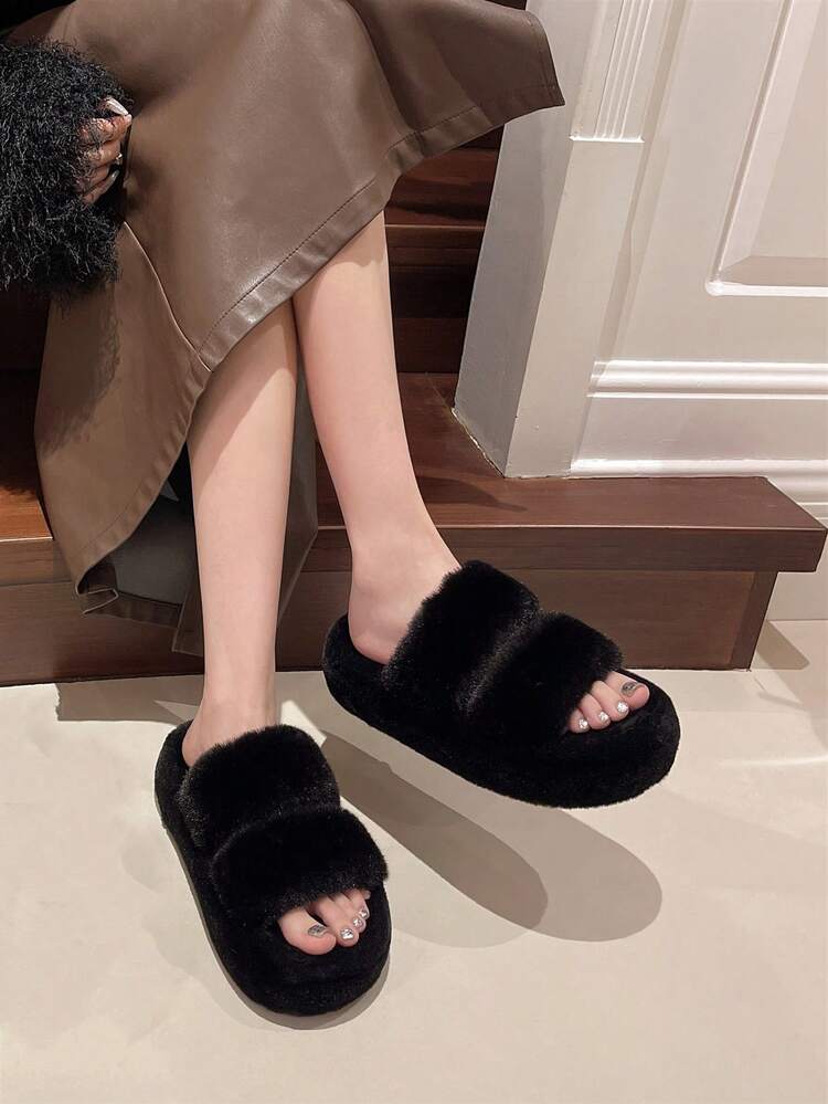 2025 New Women's Thick Sole High Heel Fluffy Slippers For Outdoor Wear, Autumn/Winter Net Celebrity Style, Suitable For Petite Women, Slouchy Elevator Platform Slippers, Office Ladies Slippers, Size 34-42 - Black - View 2