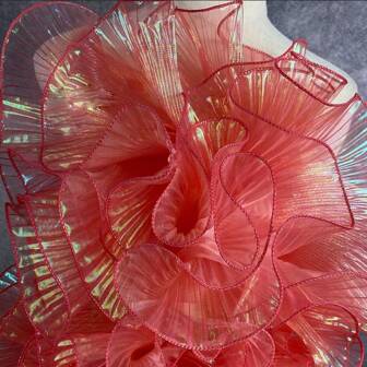 2 码美人鱼渐变色欧根纱面料，带褶皱边缘，3D 褶皱大花装饰材料