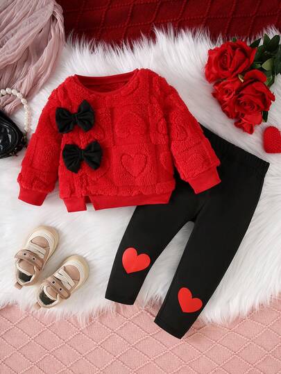 Baby Girl Autumn/Winter Outfit, Red Fluffy Bow Top Paired With Black Heart Print Leggings 2pcs Set, Comfortable Warm Casual Suitable For Daily Wear