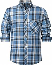 Mens Flannel Shirts Long Sleeve Dress Shirts For Men Casual Button Down Big And Tall Button Up Shirt - 藍白格子 - 查看 1