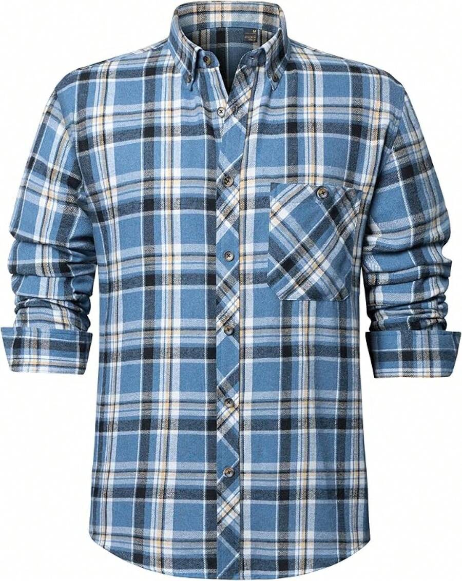 Mens Flannel Shirts Long Sleeve Dress Shirts For Men Casual Button Down Big And Tall Button Up Shirt - 藍白格子 - 查看 1
