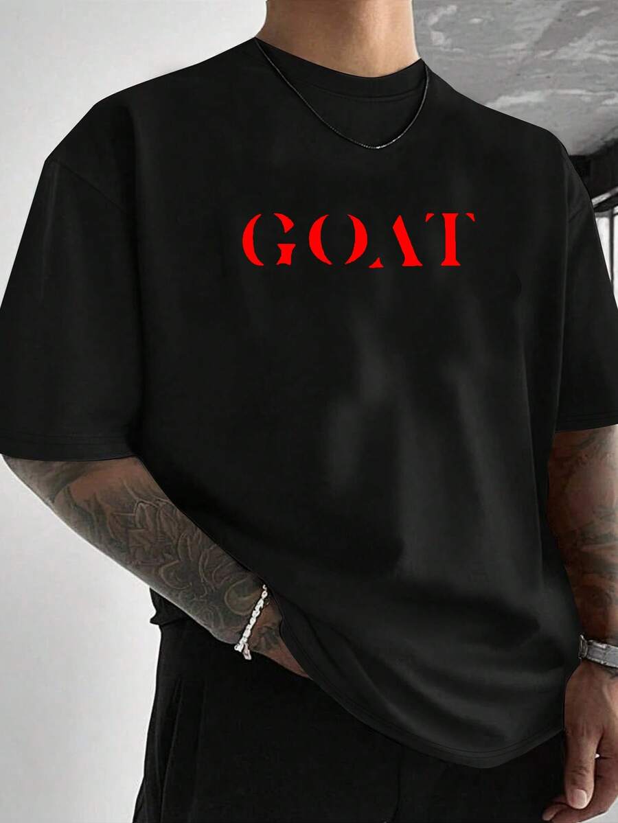 1pcs Men'S Goat Print T-Shirt - Casual & Versatile Short Sleeve Crewneck, Navy Blue With Red Lettering, Perfect For Sports, Commuting, And Everyday Wear, Everyday Tshirt |  Menswear - 黑色 - 查看 1