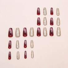 Long Coffin Press On Nails Cat Eye Fake Nails Gold Glitter False Nails With Designs Long Nail Press Ons Full Cover Glue On Nails Sparkly Artificial Nails Cute Stick On Nails For Women 24Pcs - 長款-C5C42 - 查看 3