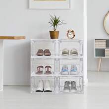 6 PCS Transparent Clear Sneaker Display Organizer, Storage Box Shoe Box Magnetic Closure Stackable, Space Saving, Plastic Organizers Boxes Stackable - Clear - View 1