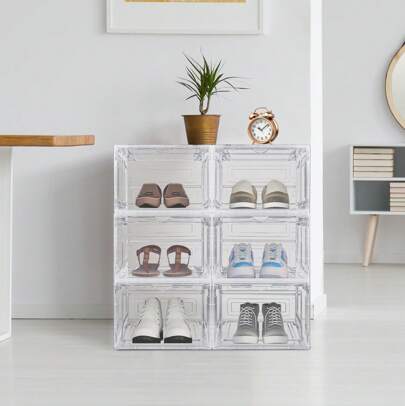 6 PCS Transparent Clear Sneaker Display Organizer, Storage Box Shoe Box Magnetic Closure Stackable, Space Saving, Plastic Organizers Boxes Stackable