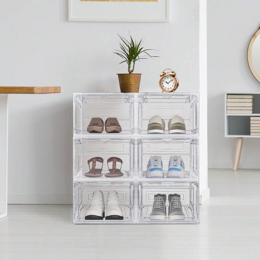 6 PCS Transparent Clear Sneaker Display Organizer, Storage Box Shoe Box Magnetic Closure Stackable, Space Saving, Plastic Organizers Boxes Stackable - Clear - View 1