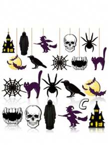 30pcs Vintage Halloween Wooden Hollow Hanging Ornaments, Includes Pumpkin Head, Bat, Ghost, Spider Web, Witch Hat And Other Dark Elements, Distressed Finish With Orange, Black, Purple Gradient Colors, Suitable For Halloween Tree Decoration, Home Party, Bar/Restaurant/Mall Atmosphere, Porch, Wall, Staircase Hanging Decor
