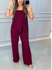Long Asymmetrical Strapless Pantaloon Jumpsuit Spring Summer - 酒紅色 - 查看 3