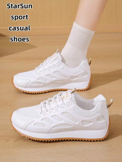 Zapatos deportivos casuales de moda multifuncionales para mujer, con suela gruesa, puntera redonda, cordones y malla, suela de goma impermeable, antideslizante y resistente al desgaste, ligeros y versátiles para uso diario, nuevos para primavera/otoño, color blanco.