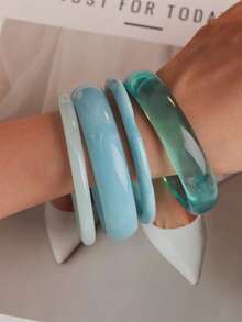 4pcs Vintage Resin Multi-Color Acrylic Bangle Bracelets, Fashion & Versatile For Women's Daily Wear - Baby Blue - View 4