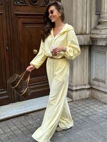 2 Stücke/Set Damen einfarbige Kapuzen-Sweatjacke und Jogginghose mit elastischem Bund, Regular Fit für Herbst und Winter