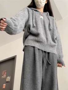 Womens Hooded Sweater Autumn Winter 2025 New Comfortable Loose Fit Lazy Style Soft Knit Pullover Ribbed Top Beige And Grey Casual Knitted Shirt Fashion Sweater Outwear For Women, Long Sleeve Tops