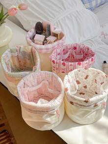 1个帆布抽绳圆筒化妆包，女士抽绳旅行化妆包，抽绳帆布水桶包，可爱碎花抽绳化妆包，大容量化妆品收纳包，旅行圆筒化妆包，洗漱包，女士帆布圆形手提包收纳包，手提包钱包收纳包，圆形化妆袋，水桶形化妆包 - 彩色 - 查看 2