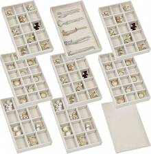 Set Of 8 Stackable  Organizer Trays With 1 Lid For Drawer & Dresser Organizer, Adjustable Velvet  Box Tray Earring Organizer Necklace Storage Ring Bracelet Display Case (Beige)