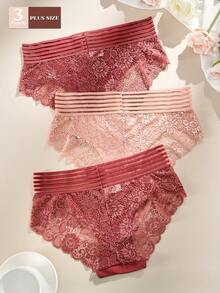 FOVTY 3pcs/Pack Solid Color Lace Trim Elastic Plus Size Women Panties - Multicolor - View 2