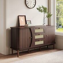 Sideboard, Rattan Chest Of Drawers, Chest Of Drawers With Sliding Doors, Adjustable Shelves And Rounded Top. - Natural + Particle Board - View 11