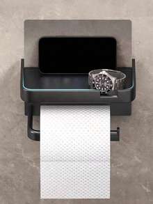 1PC Beautiful, Practical, Easy To Install, No Drilling Required Bathroom Tissue Holder - With Phone Holder, Storage Rack, Toilet Paper Holder, Towel Storage, Bathroom Supplies, Plastic Material Wall Mounted Toilet Paper Roll Holder With Storage Rack, Plastic Bathroom Decoration