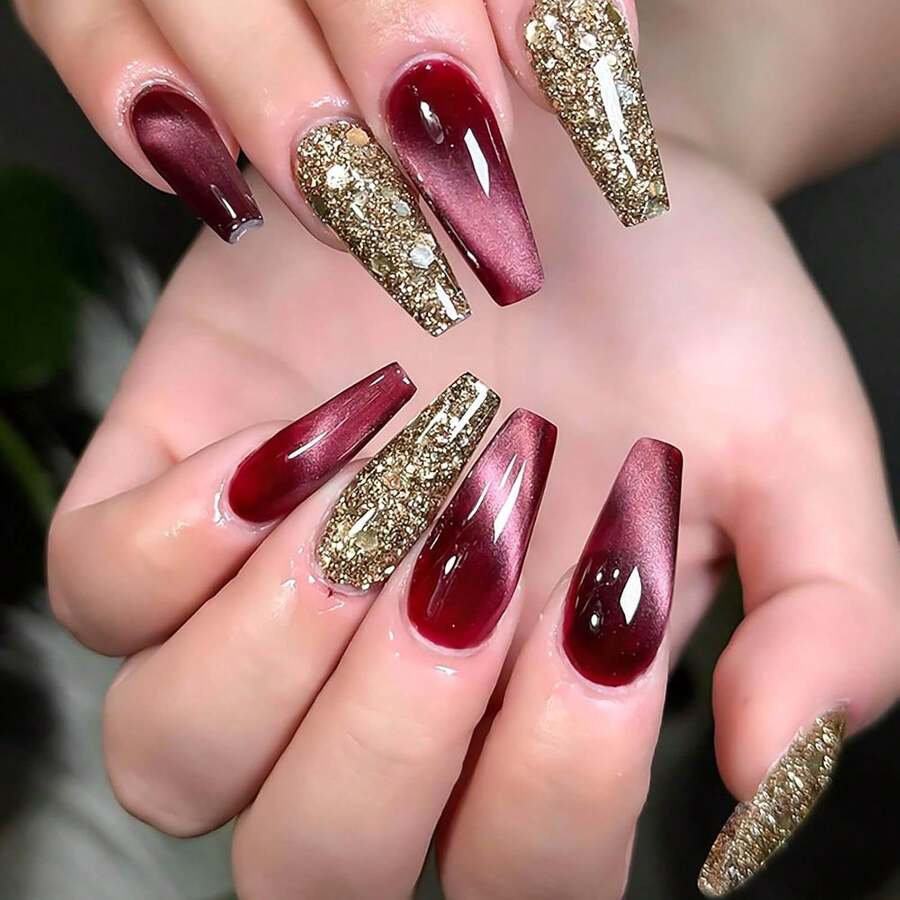 Long Coffin Press On Nails Cat Eye Fake Nails Gold Glitter False Nails With Designs Long Nail Press Ons Full Cover Glue On Nails Sparkly Artificial Nails Cute Stick On Nails For Women 24Pcs - 長款-C5C42 - 查看 1