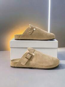 Sandalias de diapositivas de verano 2025, parte superior de cuero con diseño de hebilla, suela gruesa de corcho suave, elevada, de unicolor, simple, adecuada para exteriores, viajes, estilo casual de calle, a juego de pareja, pantuflas tipo mula sin cordones, cuero de alta calidad, cómoda, para uso interior y exterior