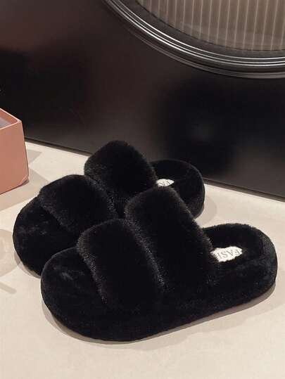 2025 New Women's Thick Sole High Heel Fluffy Slippers For Outdoor Wear, Autumn/Winter Net Celebrity Style, Suitable For Petite Women, Slouchy Elevator Platform Slippers, Office Ladies Slippers, Size 34-42