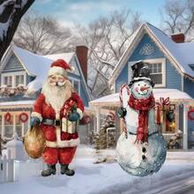 2D Flat, 2pcs Christmas Decorative Garden Sign Posts, Large Santa Claus And Snowman Ground Plug Signs, Plastic Material, Suitable For Winter Holiday Decorations, Christmas Outdoor Lawn Decorations - Multicolor - View 2