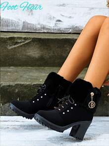 女士金属孔眼装饰搭扣仿毛领圆头侧拉链踝靴(尺码偏小),优雅风格,适合户外、度假和日常穿着,秋冬新款真皮材质时尚百搭增高踝靴,黑色保暖靴 - 黑色 - 查看 3