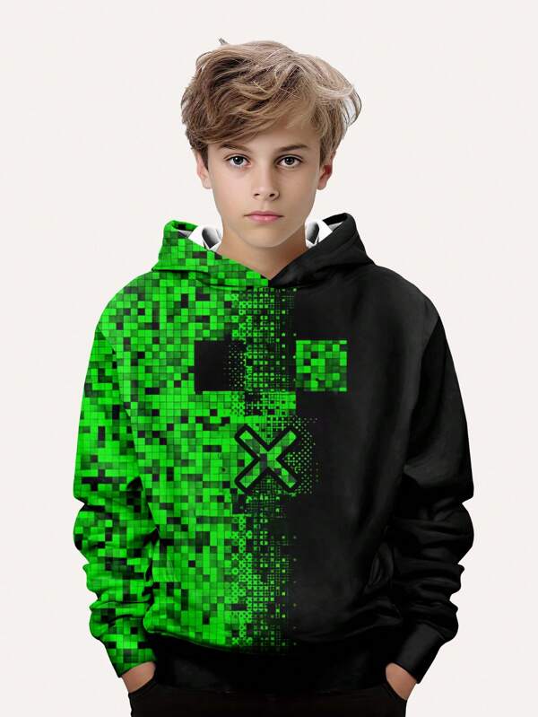 Boys' Fashionable Printed Casual Hoodie - Long Sleeve, Crew Neck Pullover, Suitable For Spring & Autumn, Cool Graphic Print