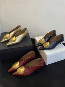 Fall/Winter 2025 Summer New Metal Buckle Pointed Toe Thin Heel Mid-Heel Mule Sandals For Women, Closed Toe Slip-On,Elegant - Burgundy - View 3