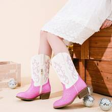 Girls Pink Glitter And White PU Western Cowboy Boots Pointed Toe Mid Calf Rhinestone Riding Cowgirl Boots For Toddler Little Big Kids Party School Holiday Dress Up - 粉拼白 - 查看 5