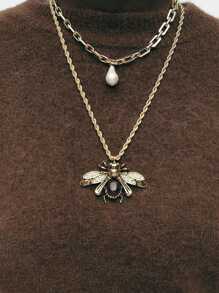 2pcs Faux Pearl Zirconia Insect & Animal Pendant Necklace, Women Fashion Jewelry Accessories