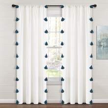 Lush Decor Boho Faux Linen Texture Tassel Rod Pocket Window Curtain Panel Single White/Turquoise 52X84 Halloween-Fall Decor-Room Decor - White/Turquoise - View 2