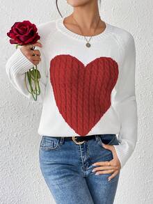 Heart Pattern Crewneck Knitted Sweater - Rice Apricot - View 5