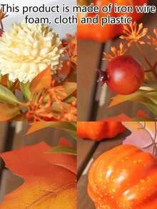 1 件，秋季南瓜装饰，带枫叶和浆果 - 逼真的人造盆栽植物，适合餐桌中心装饰、万圣节派对和感恩节