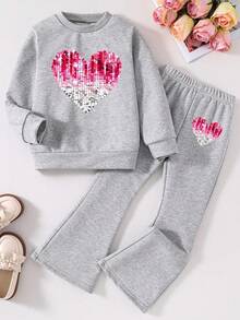 Tween Girls' Heart Print Crew Neck Casual Sweatshirt And Flare Pants Set - 灰色 - 查看 1