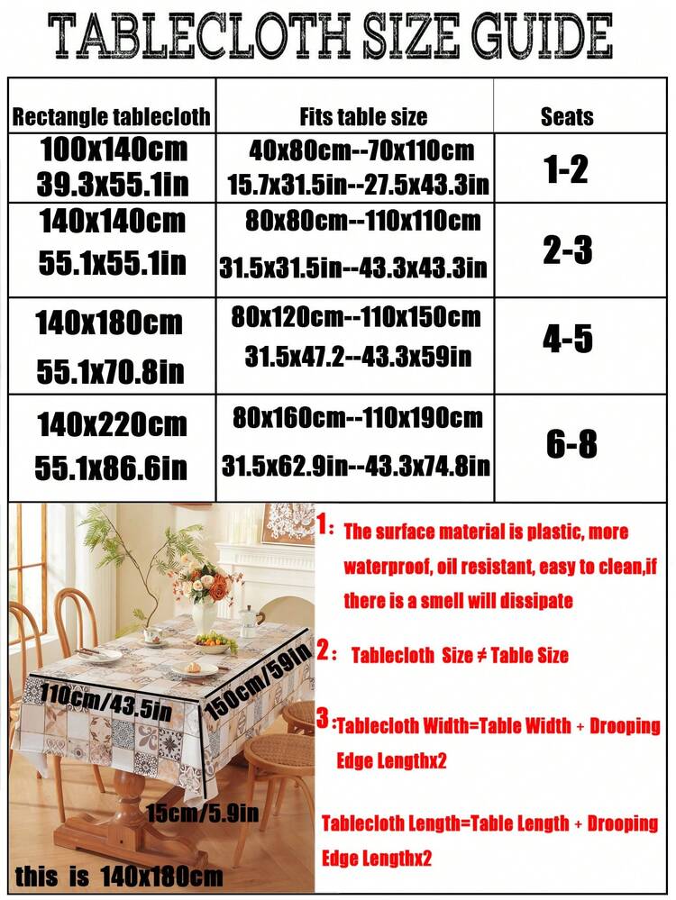这款PVC塑料长方形桌布采用简约时尚的印花设计，100%防水防油，易于清洁。适用于客厅、厨房、户外、节日、派对、聚会等各种场合。 - 彩色 - 查看 2