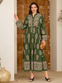 Plus Size Allover Printed Pattern Women's Long Dress Allover Print Floral Print Stripes Bohemian Embroidery Belt Ruffles - Green - View 5