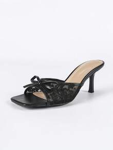 Women's Fashion European And American British Style Sexy Round Toe Bowknot Comfortable Simple Color Matching High Gloss Baked Lacquer Thin Square Heel Mid-Heel Slip-On Mules Slouchy Slip-On Lightweight Black Lace Material Casual Shoes Versatile Commuting Elegant Sandals Slippers Charming Fabric Breathable Summer Autumn - Black - View 7