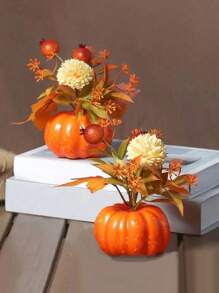 1 件，秋季南瓜装饰，带枫叶和浆果 - 逼真的人造盆栽植物，适合餐桌中心装饰、万圣节派对和感恩节