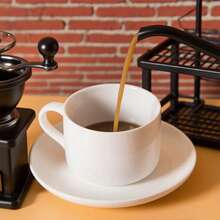 1/2 Set Ceașcă de cafea albă pură de 7oz cu farfurie și lingură, Design minimalist, Ceașcă de cafea ceramică elegantă europeană, Ceașcă de cappuccino, Ceașcă de porțelan negru, Potrivită pentru ceai, espresso, latte și mocha