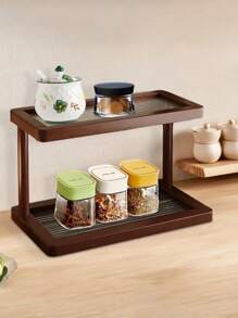 Two-Tier Bamboo Countertop Storage Rack - Easy To Assemble, With A Transparent Acrylic Base, An Elegant Storage Rack For Cosmetics, Perfumes, And Skincare Products, Suitable For Kitchen And Dining Room Storage, Can Hold Mugs And Water Cups - Natural Bamboo Surface, Space-Saving Home Decor And Countertop Storage Rack - Walnut - View 3