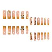 Nail Press Ons Long Press On Nails Square Fake Nails Gold Glitter French Tip False Nails With 3D Gold Butterfly Designs Long Glue On Nails Fall Artificial Nails Cute Stick On Nails For Women - 長款-C5C19 - 查看 2