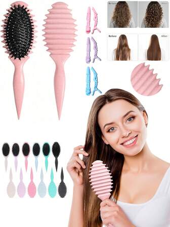 1 套卷发梳和分区夹 - 波浪边顺发梳，适用于卷发、波浪发、卷曲发，防毛躁造型套装，配有软毛和头皮按摩，头发分层和分离工具，适用于日常护理、沙龙吹干、家庭使用和旅行