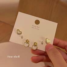 Elegant Metallic Pearl Mother-Of-Pearl Earrings Three-Piece Set Simple Niche Gentle Geometric Versatile Light Luxury Earrings For Women - sr-843貝殼幾何套裝 - 查看 12