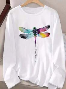 Camiseta de manga larga con cuello redondo de moda y casual para mujer de talla grande, camiseta gráfica con eslogan de libélula, blusas diarias de otoño para mujer