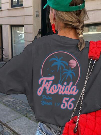 1 件女童休闲图案印花圆领长袖 T 恤，秋季学生 T 恤，年轻少女装 - 适合少女的海滩长袖 T 恤，准备在水中玩耍！